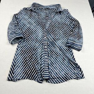 Boho Chic Medium Button Front Shirt Blue White Stripe Artwear Top 3/4 Sleeve Top